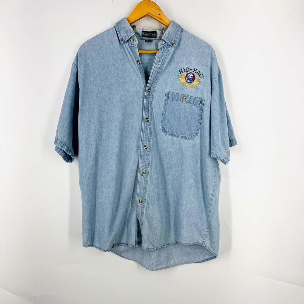 LA Loving Zig-Zag Vintage Embroidered Denim Shirt Light Wash Blue Size L‎